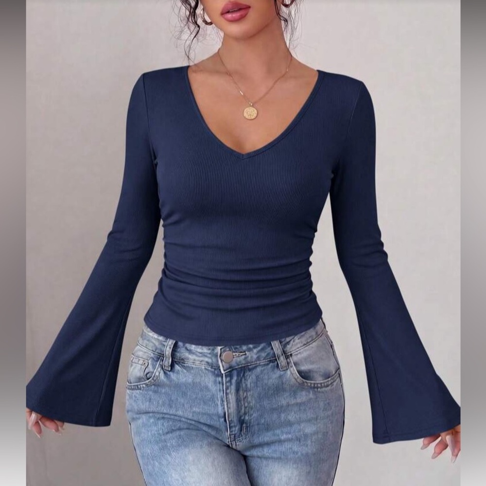 Women's Navy Blue V-Neck Bell Sleeve Top